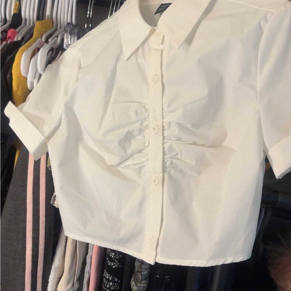 SHEIN Cream Button Down Ruched Top